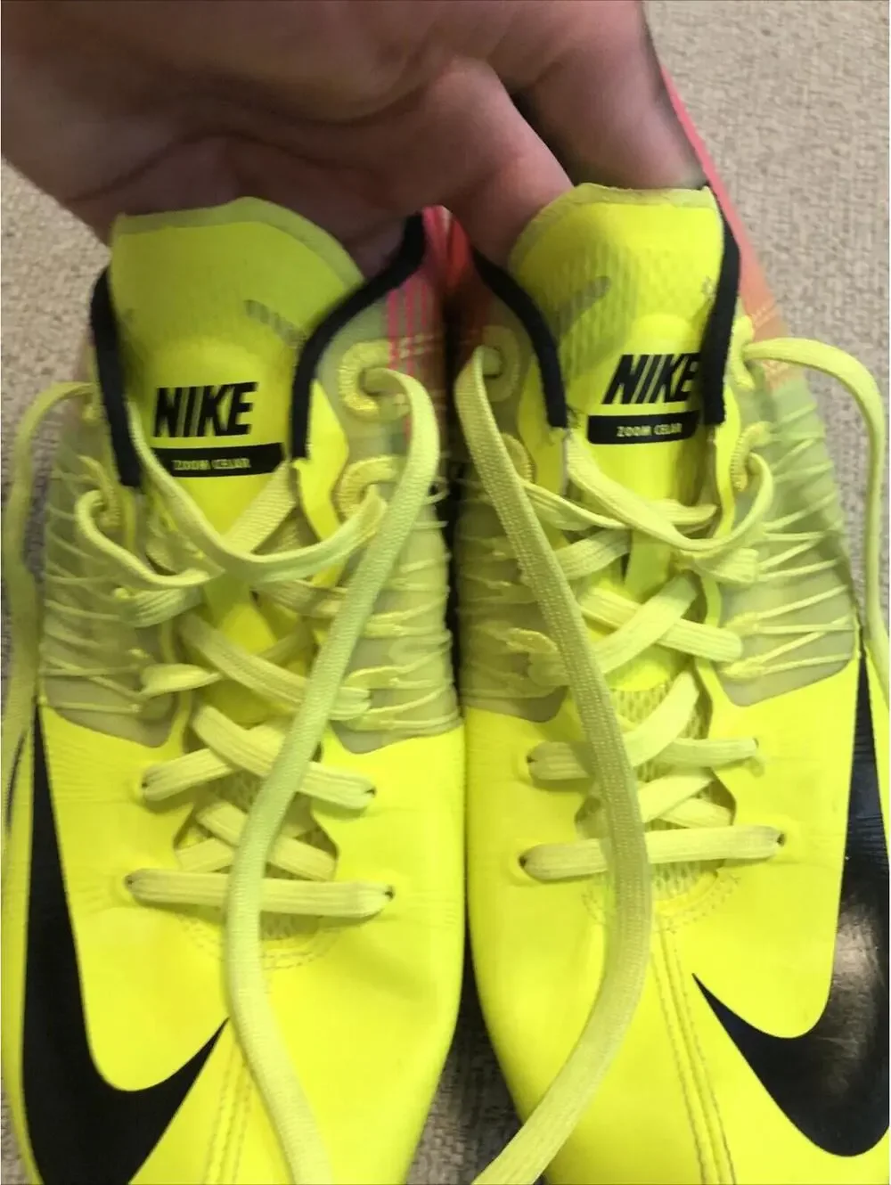 NIKE Zoom‎ Celar 5 Running OC Spikes Mens Sz 10 882023-999 Yellow Pink